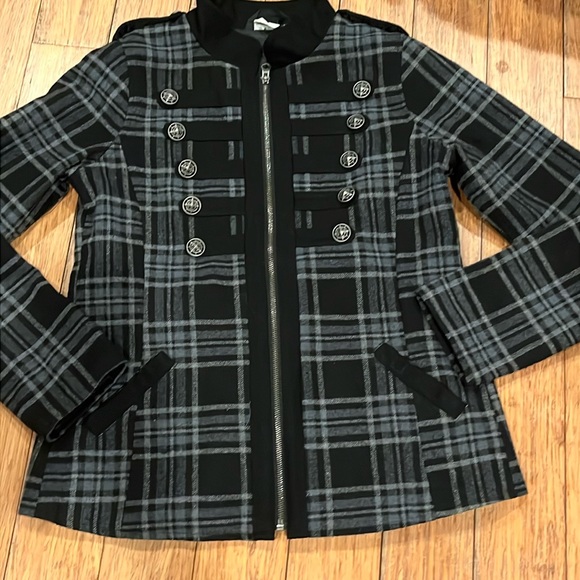 CRUEL black PLAID military Jacket zip Coat Gray Wool Blend Steampunk Goth Small - Picture 14 of 16